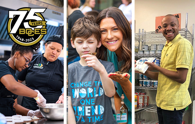 Image showing BOCES students cooking, holding a butterfly, and putting away food in a pantry