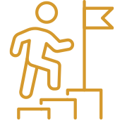 icon in gold of a stick person climbing a staircase to reach a flag at the top
