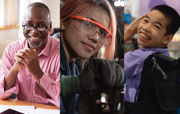 3-part photo showing an adult student of color, a teenage girl working on heavy machinery, and a Special Ed student in a wheelchair