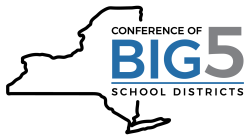 logo for CONFERENCE OF BIG 5 SCHOOL DISTRICTS, lettering on an outline of the New York State shape.