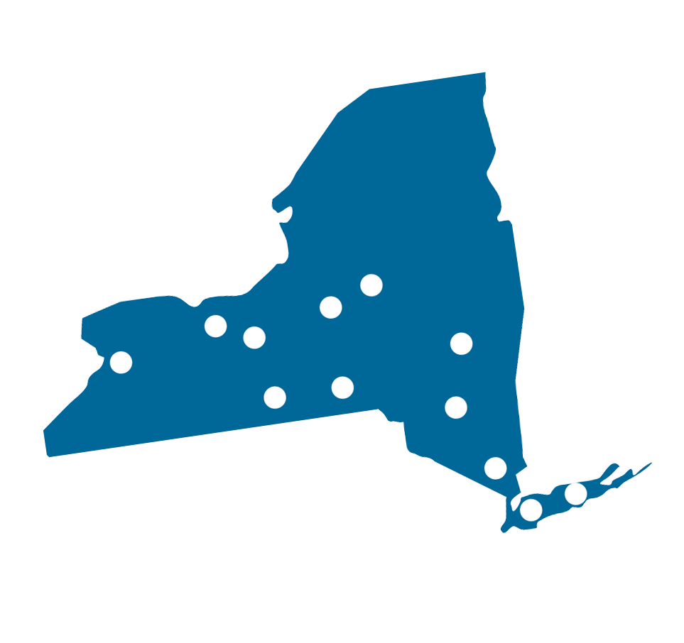 A map of New York state with dots indicating regional RICs.