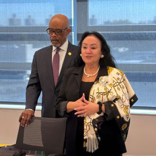 A woman stands speaking in a conference room.