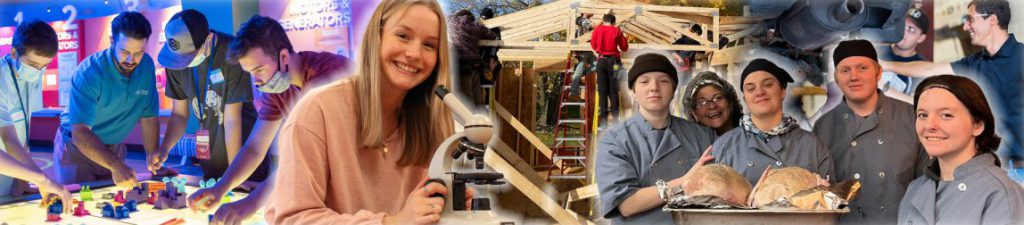 A collage of students engaged in activities: using a microscope, framing a house, presenting fresh baked bread.