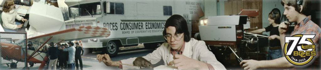 A banner-style collage celebrating 75 years of BOCES featuring vintage photos of students engaged in various vocational and technical programs.